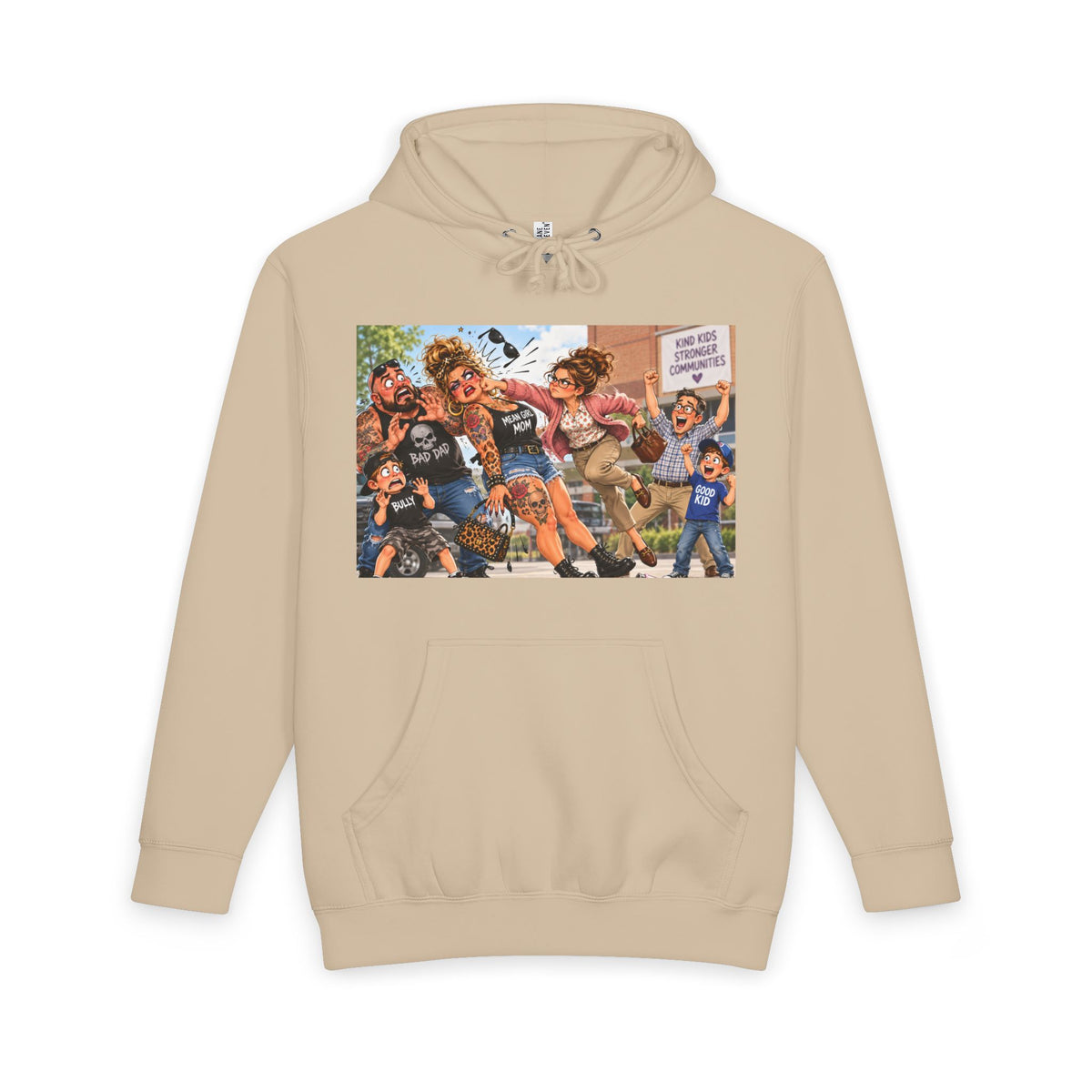 Beige hoodie with Cross-Hook Momfia anti-bully cartoon graphic on front