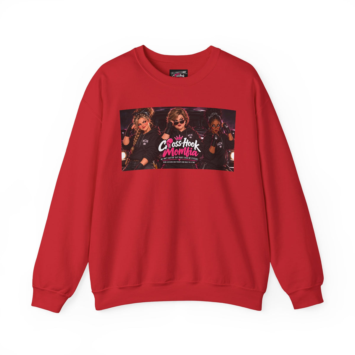 Red crewneck sweatshirt with Cross-Hook Momfia retro graphic on front