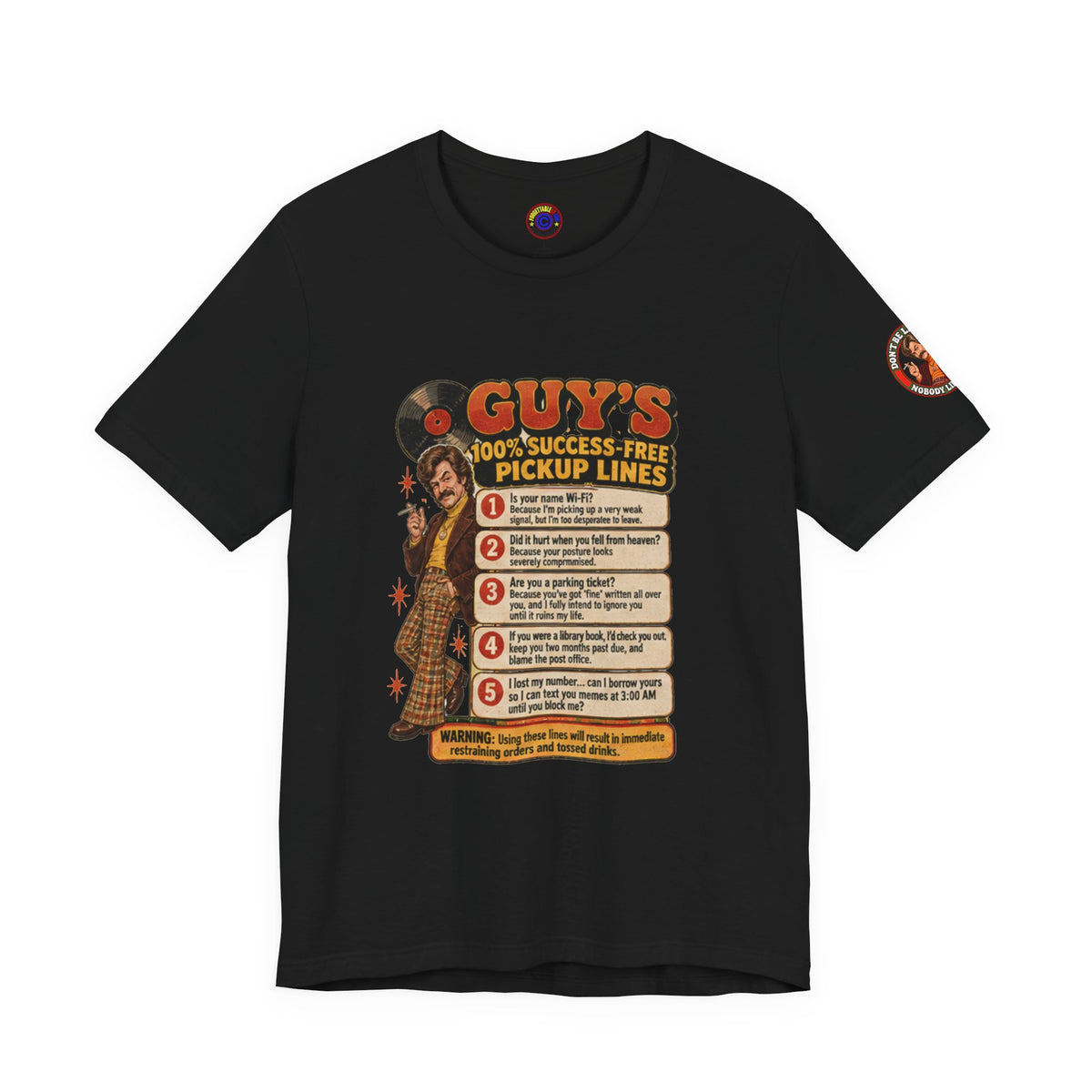 Black t-shirt featuring 70s style pickup lines graphic