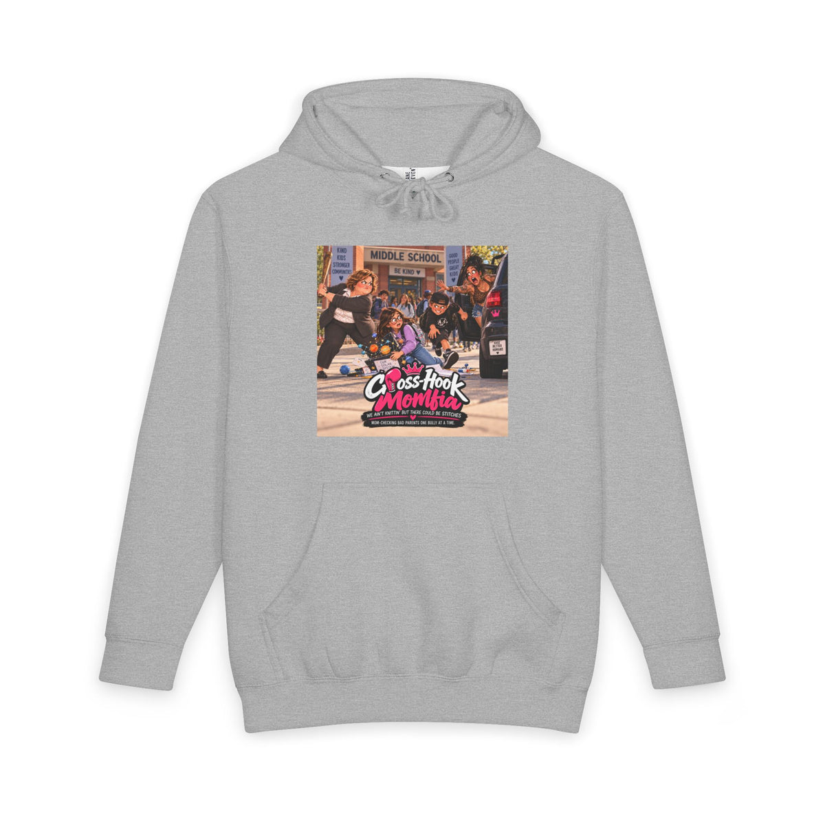 Athletic grey hoodie with Cross-Hook Momfia Science Project graphic