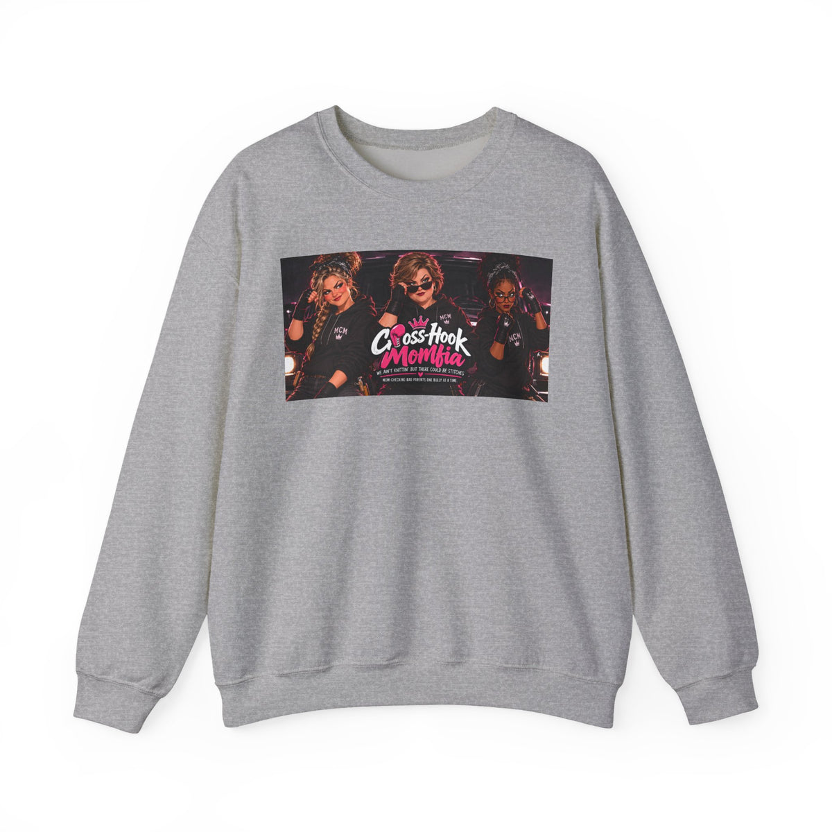 Heather gray crewneck sweatshirt with Cross-Hook Momfia retro band graphic