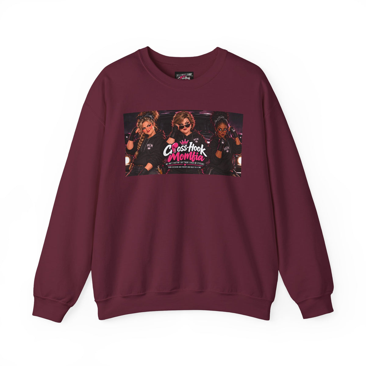 Maroon crewneck sweatshirt with Cross-Hook Momfia retro graphic on front