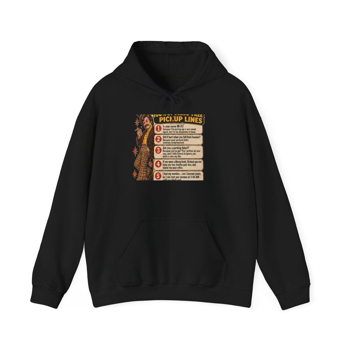 Black hoodie with retro pickup lines graphic on front