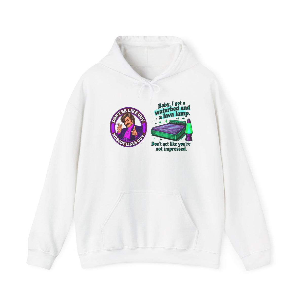 White hoodie with retro waterbed and lava lamp graphics and cheeky text