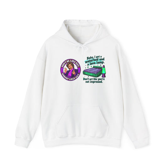 White hoodie with retro waterbed and lava lamp graphics and cheeky text