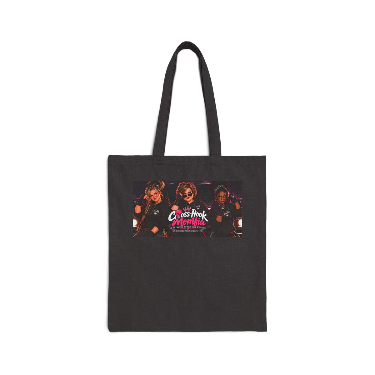 Black canvas tote bag with Cross Hook Momfia retro boxing print