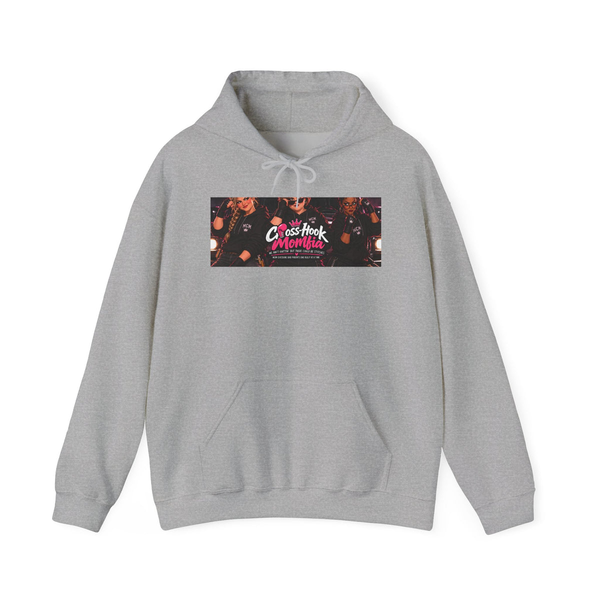 Gray hoodie with Cross-Hook Momfia floral band graphic on front