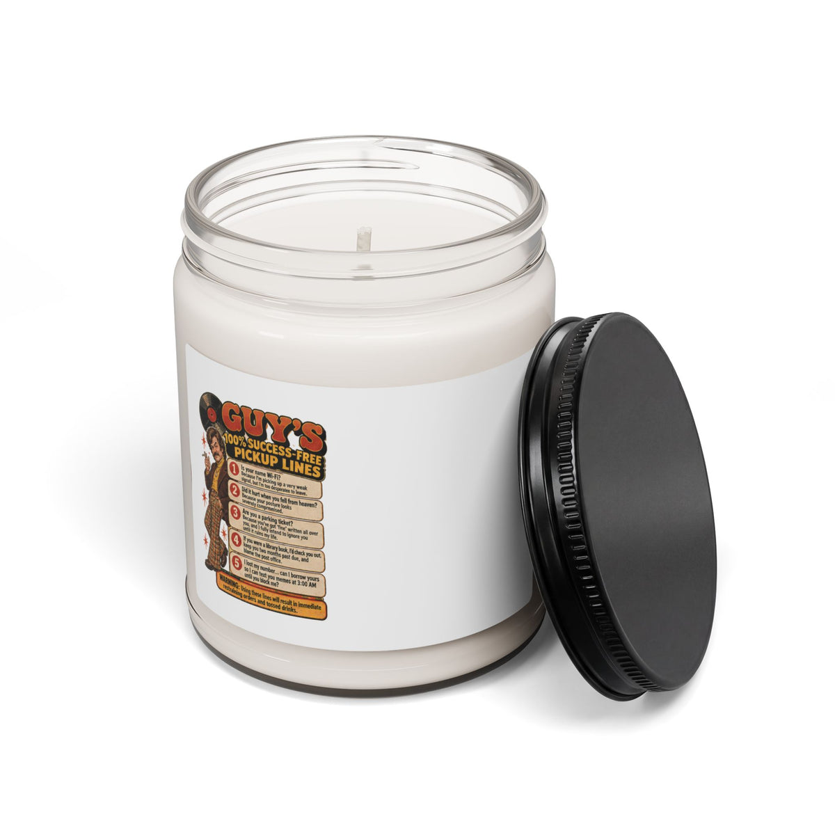 Soy candle with open lid displaying cotton wick and funny label