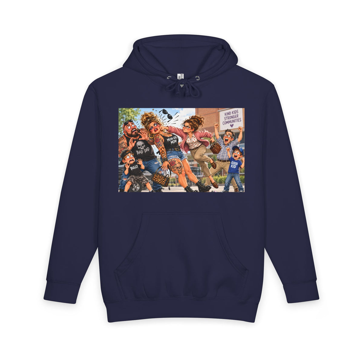 Navy hoodie with Cross-Hook Momfia anti-bully cartoon graphic on front