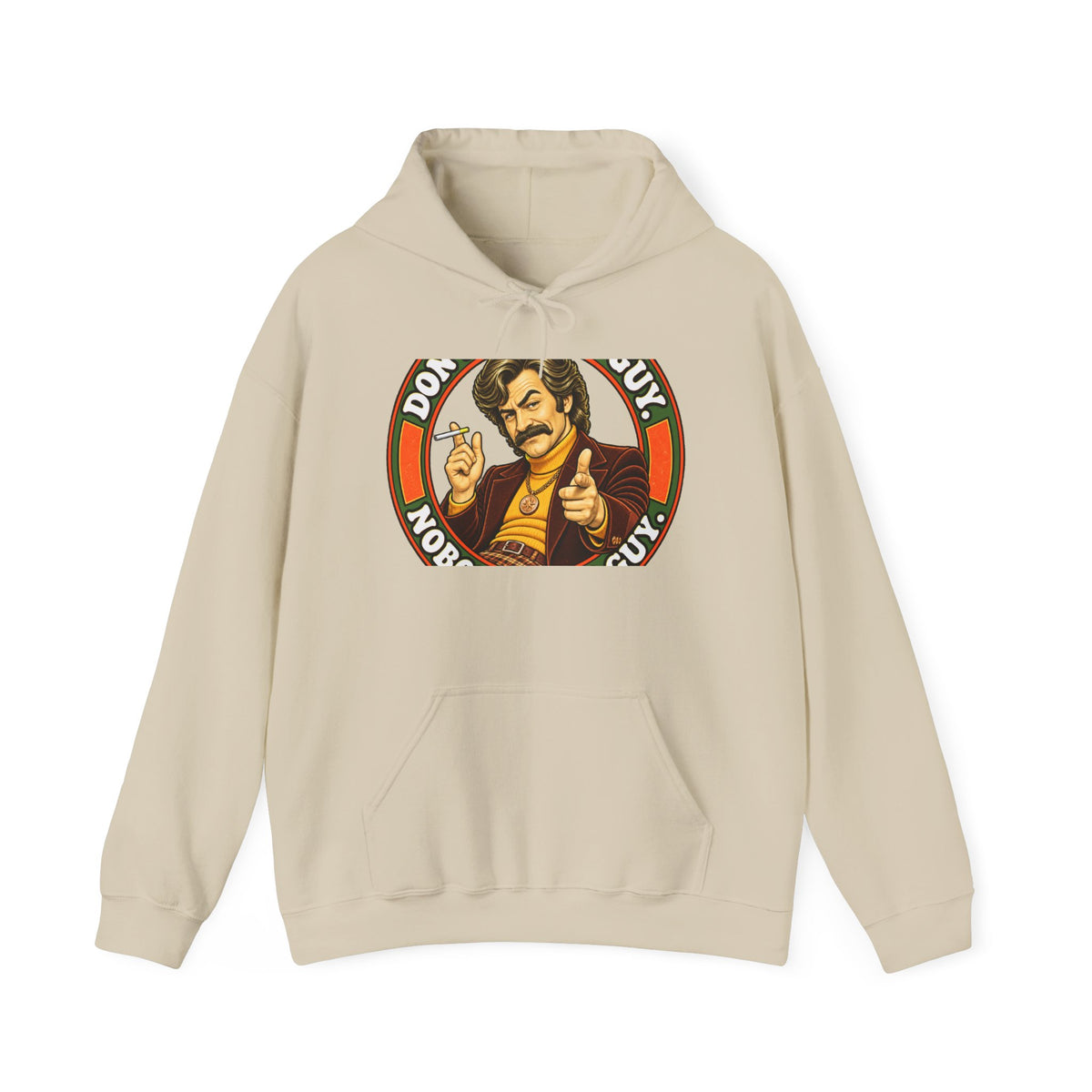 Beige hoodie with retro 'Don't Worry, Buy' retro guy graphic
