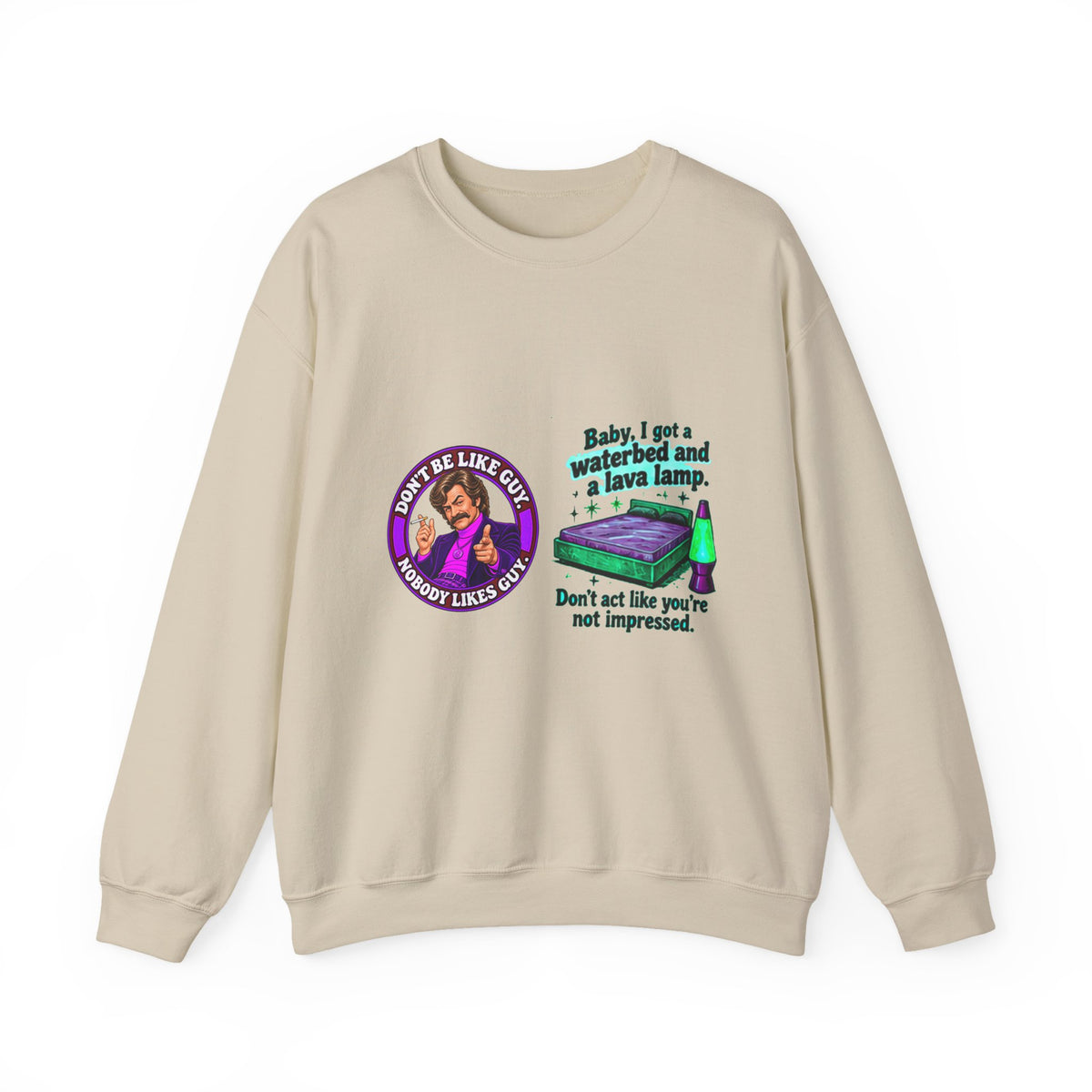 Beige crewneck sweatshirt with retro waterbed and lava lamp graphic