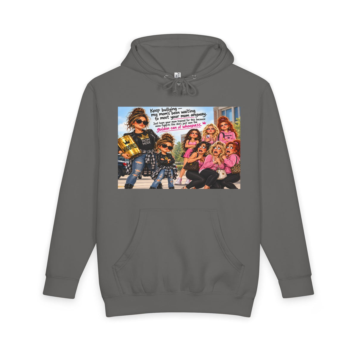 Steel gray hoodie featuring anti-bullying mom squad graphic