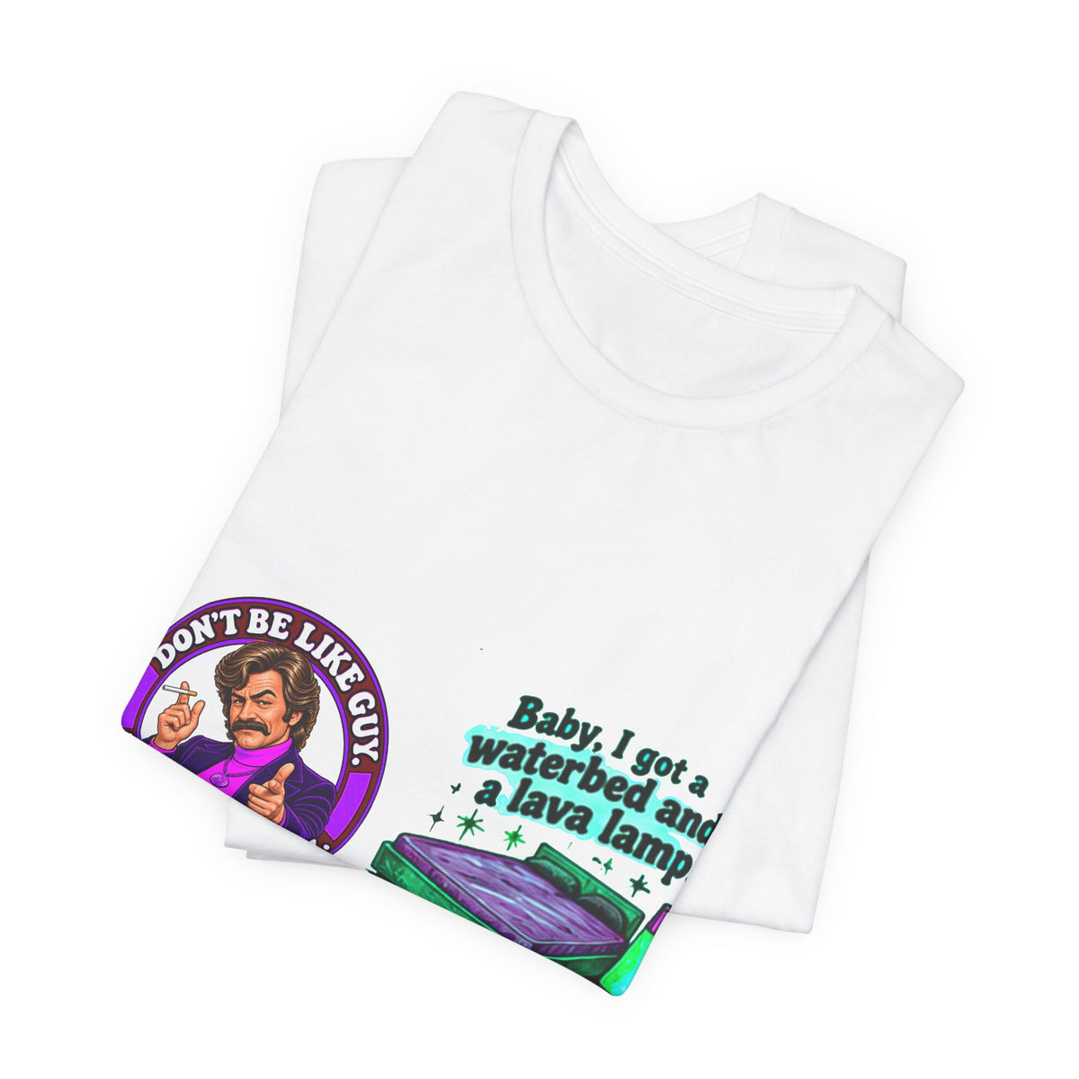 Folded white t-shirt showing retro graphic on front