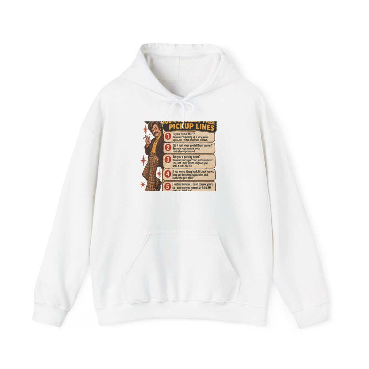 White hoodie with retro pickup lines graphic on front