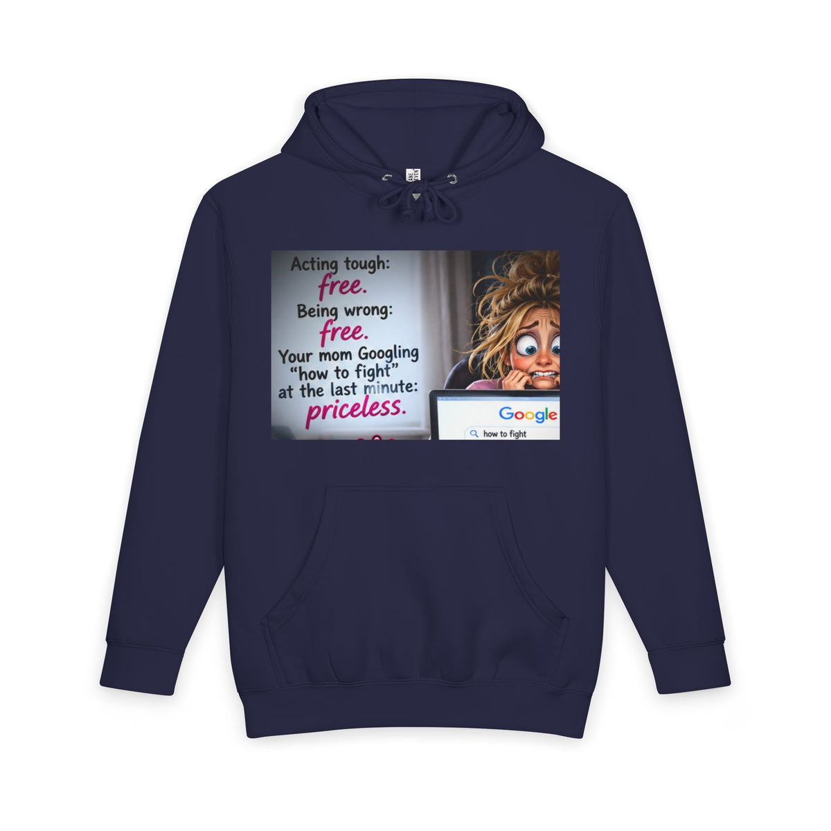 Navy blue hoodie with the same illustrated mom and hilarious Googling joke graphic