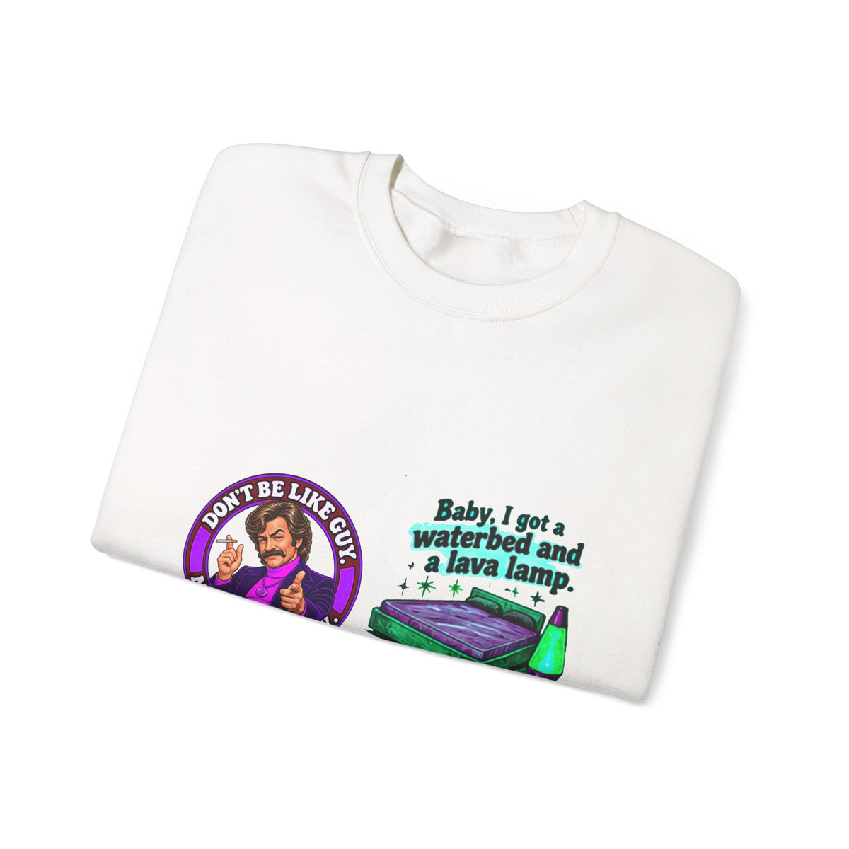 White graphic sweatshirt folded to show front print
