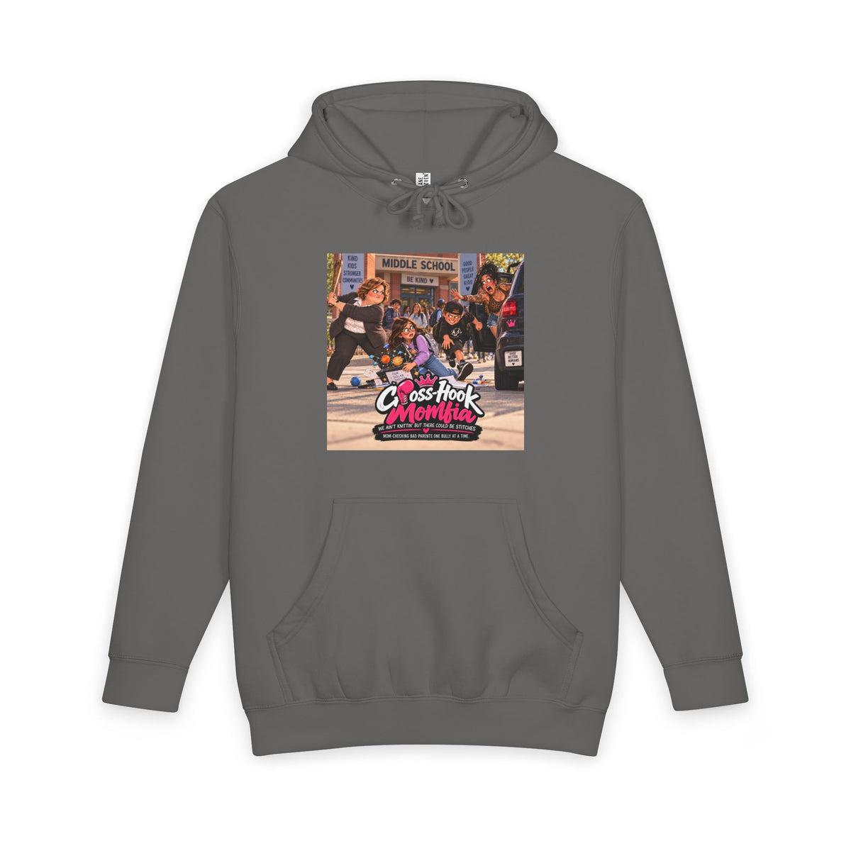 Charcoal grey hoodie with Cross-Hook Momfia Science Project graphic