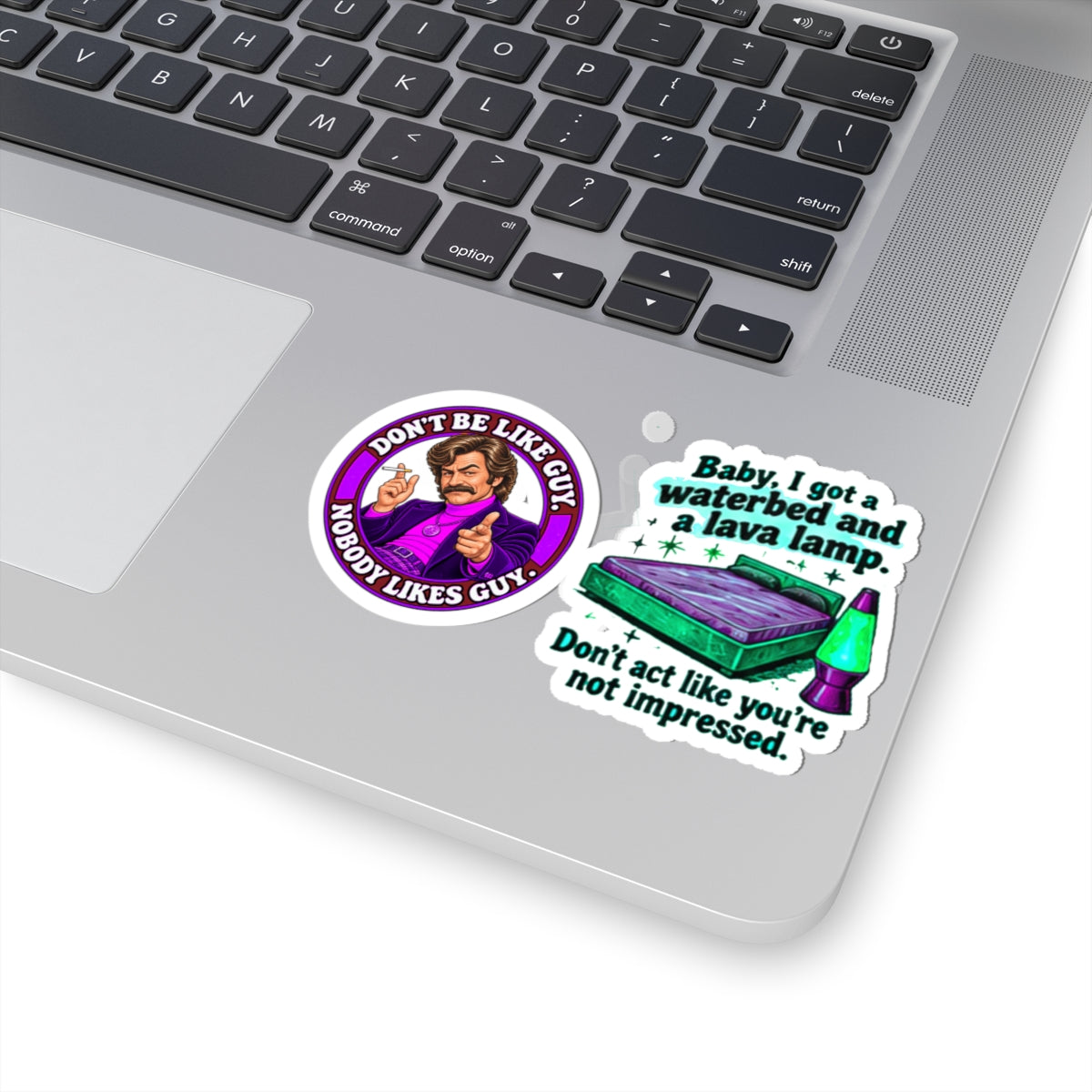 Close-up of the stickers on a laptop, maximizing personality and fun at your workspace.