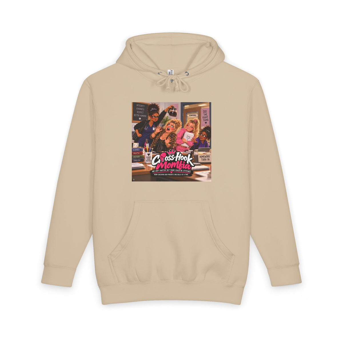 Tan hoodie featuring colorful Cross-Hook Momfia group artwork