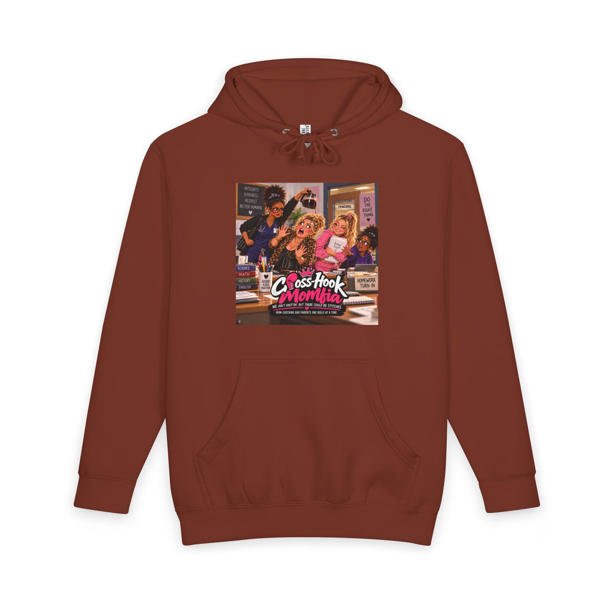 Brick red hoodie with Cross-Hook Momfia comic design on chest
