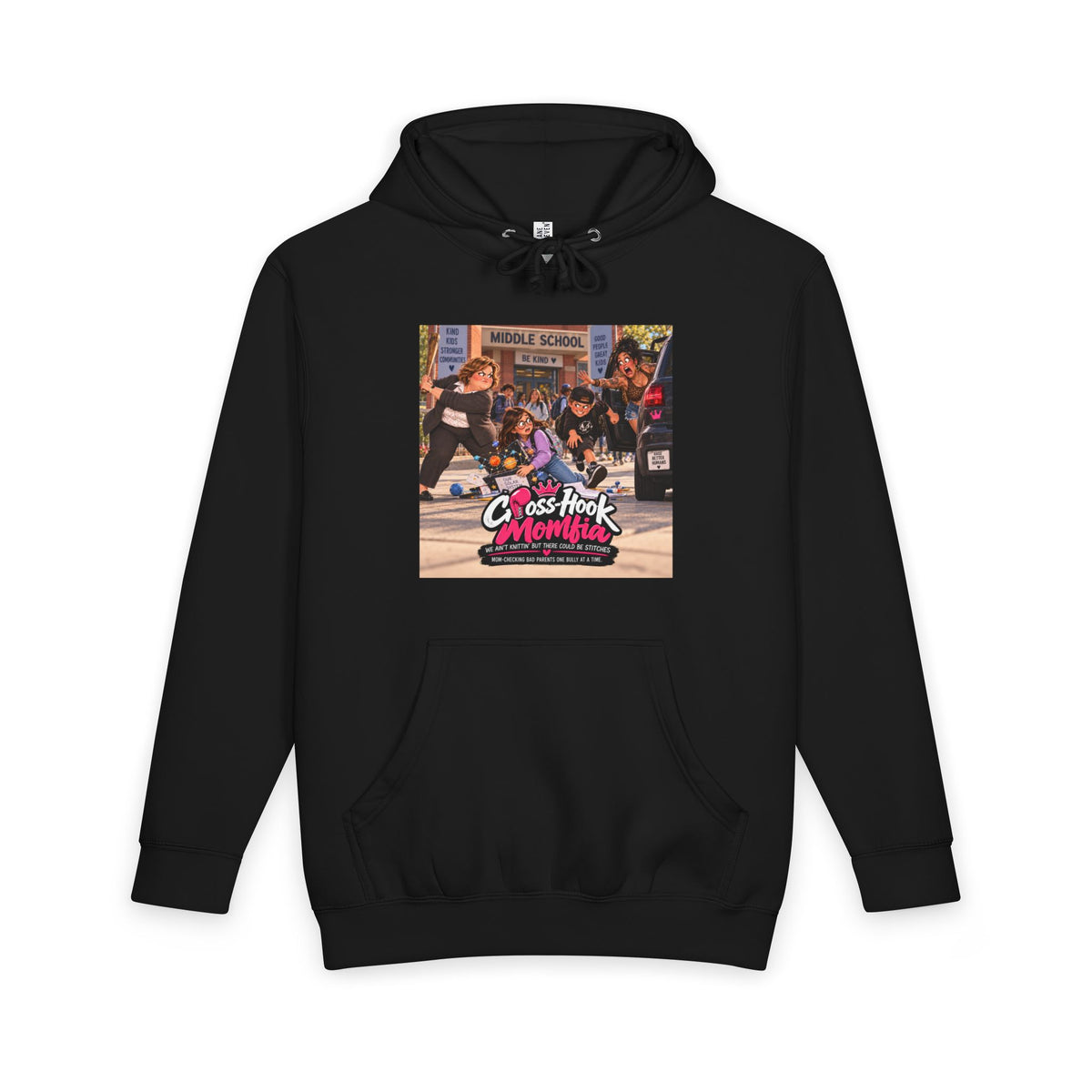 Black hoodie with Cross-Hook Momfia Science Project graphic