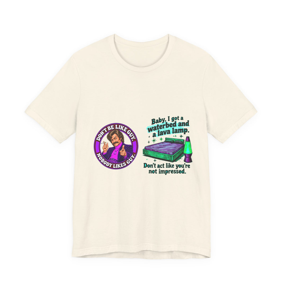 Cream t-shirt with retro 'Don't be like Guy' and waterbed lava lamp graphic