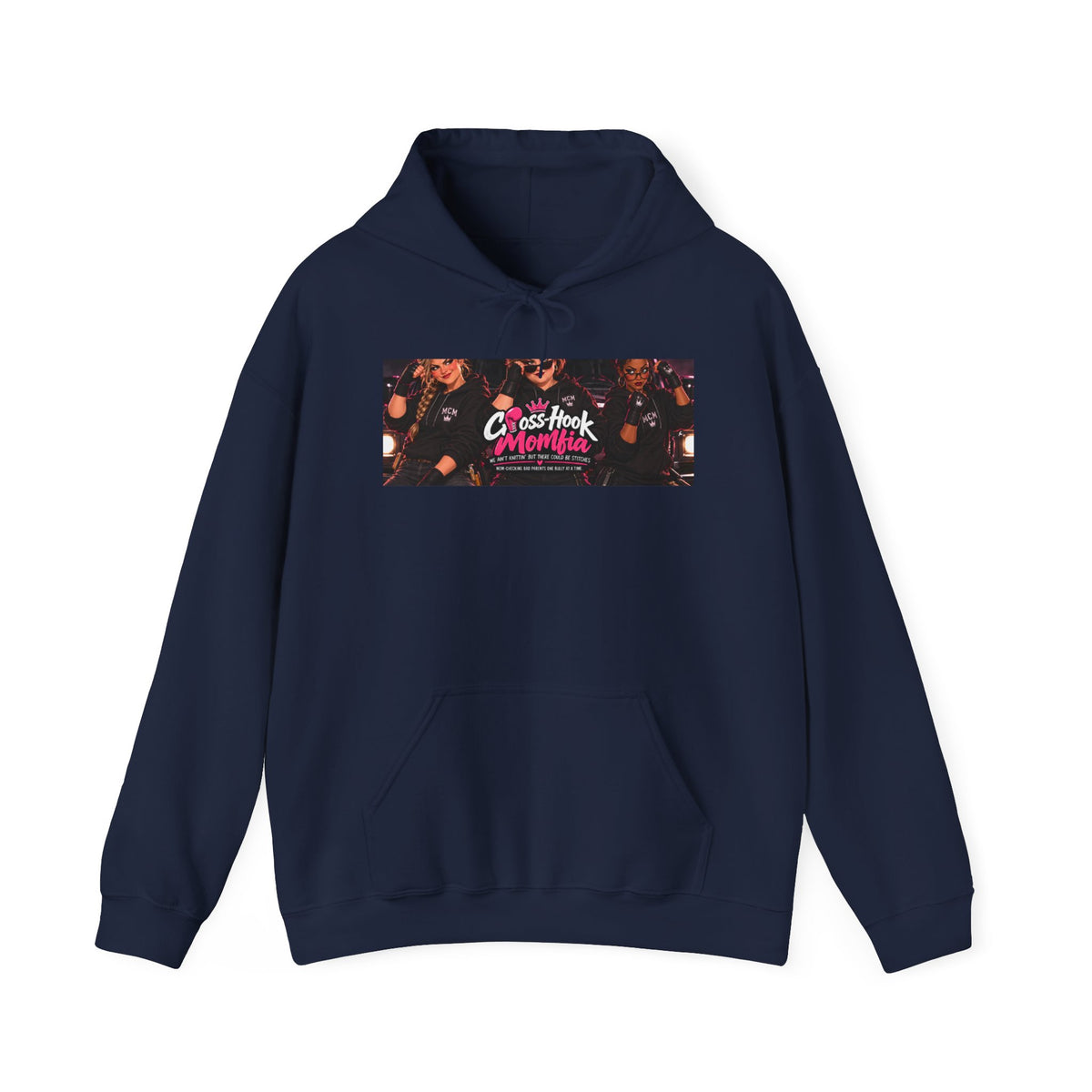 Navy blue hoodie with Cross-Hook Momfia floral band graphic on front