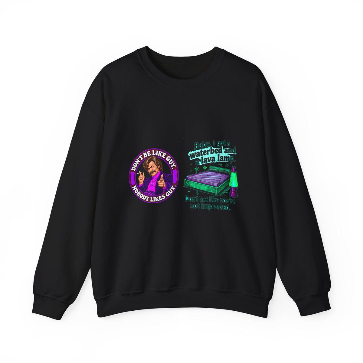 Black crewneck sweatshirt with retro waterbed and lava lamp graphic