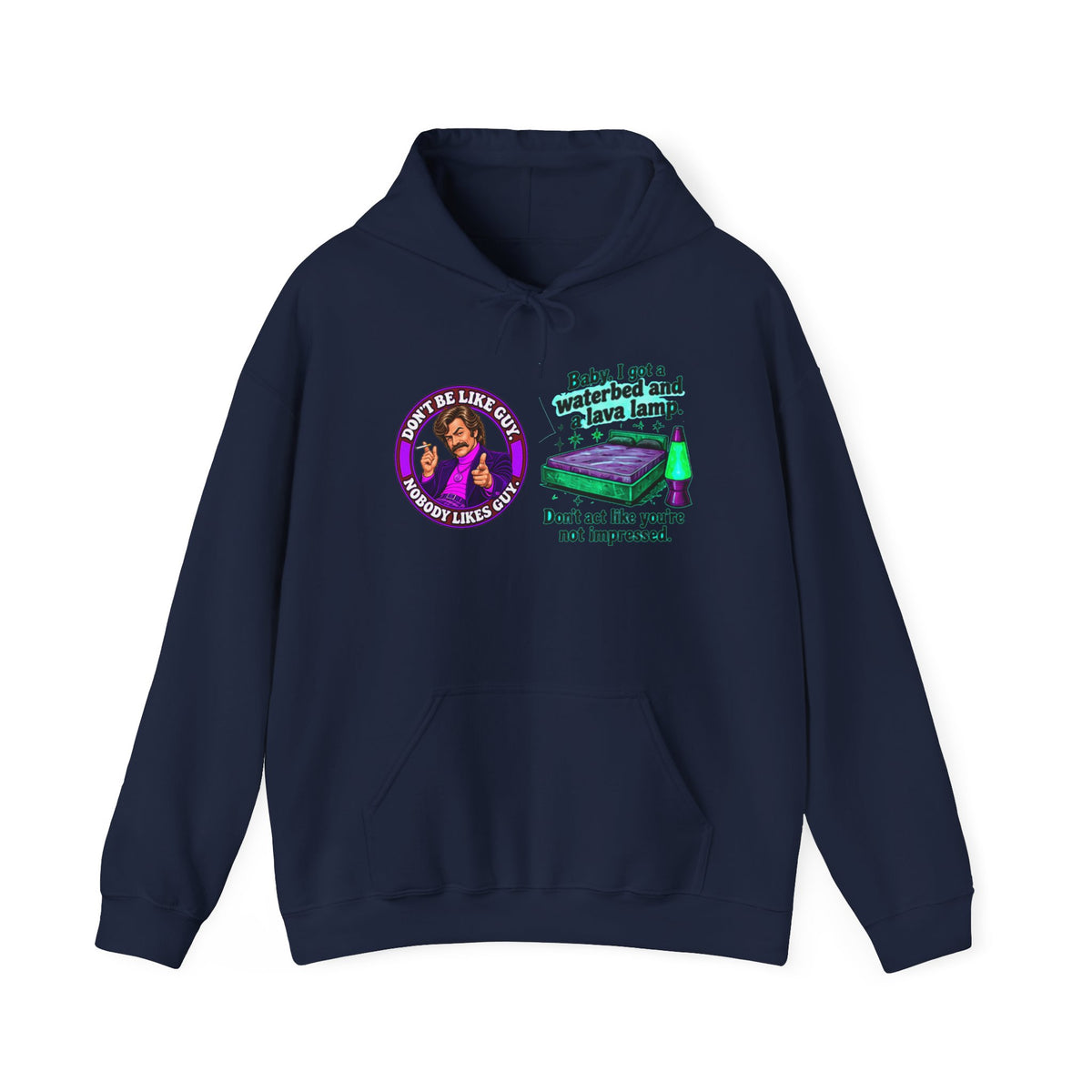 Navy hoodie with vibrant graphic about owning a waterbed and lava lamp