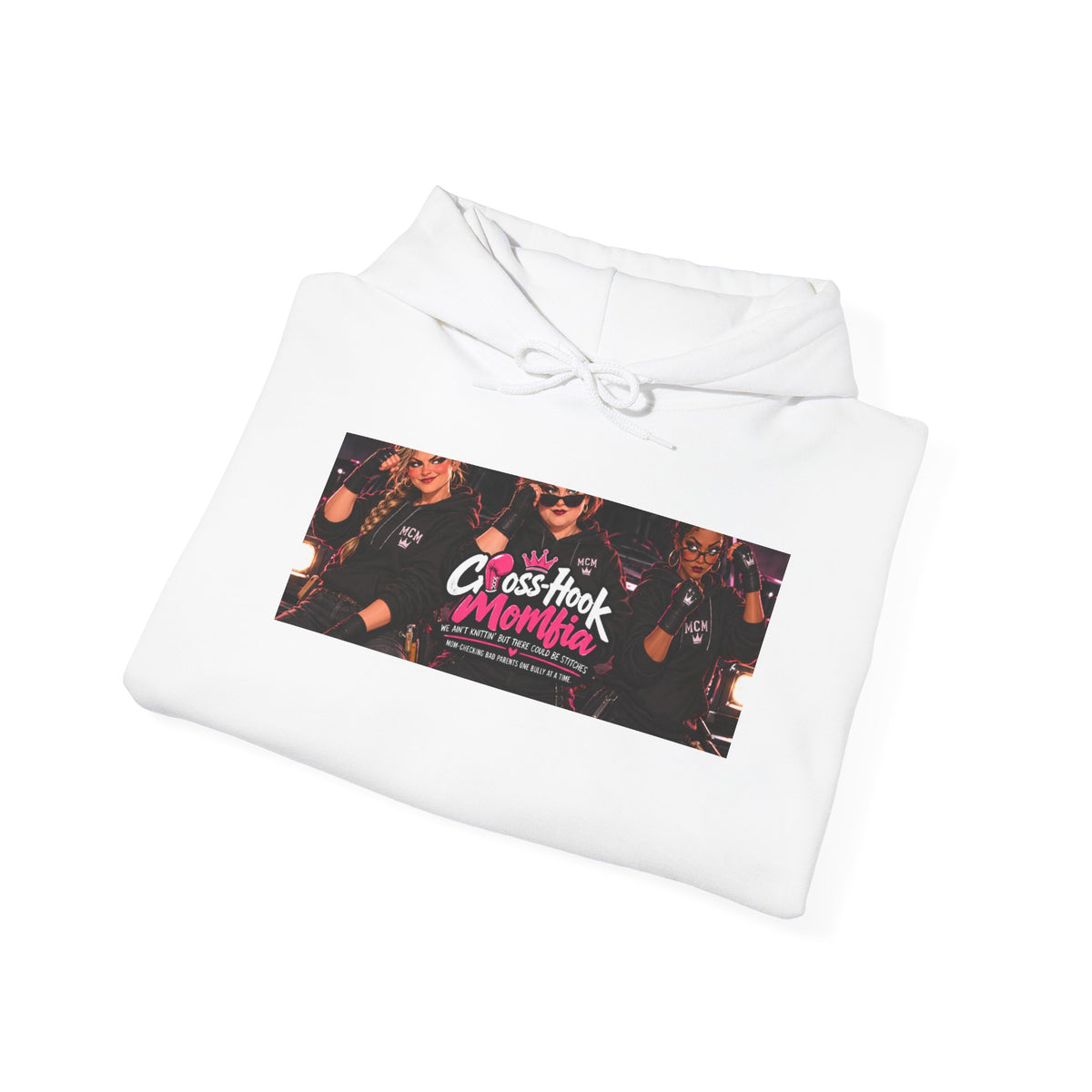 White hoodie folded with Cross-Hook Momfia floral band graphic