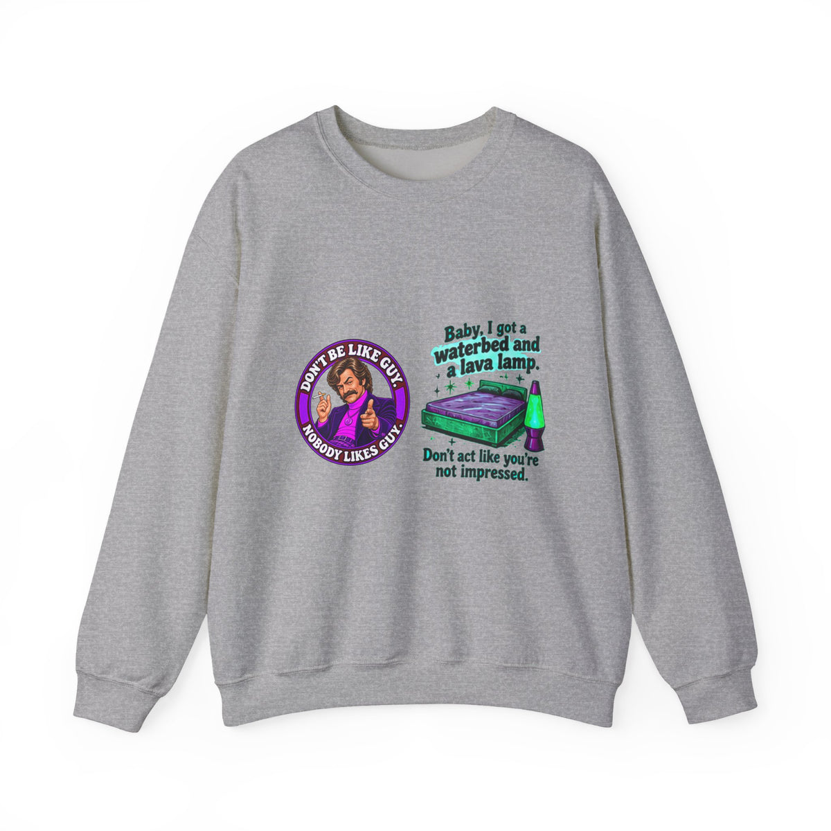 Gray crewneck sweatshirt with retro waterbed and lava lamp graphic