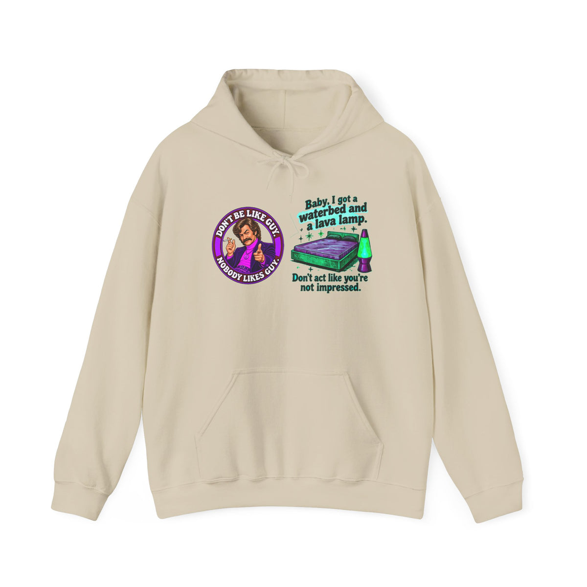 Beige hoodie with bold colorful retro print and slogan about waterbeds and lava lamps