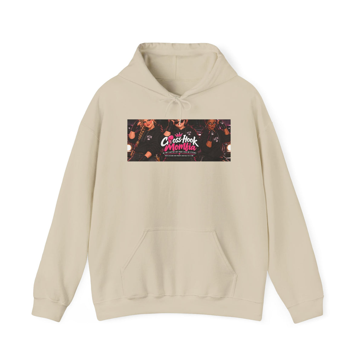 Beige hoodie with Cross-Hook Momfia floral band graphic on front