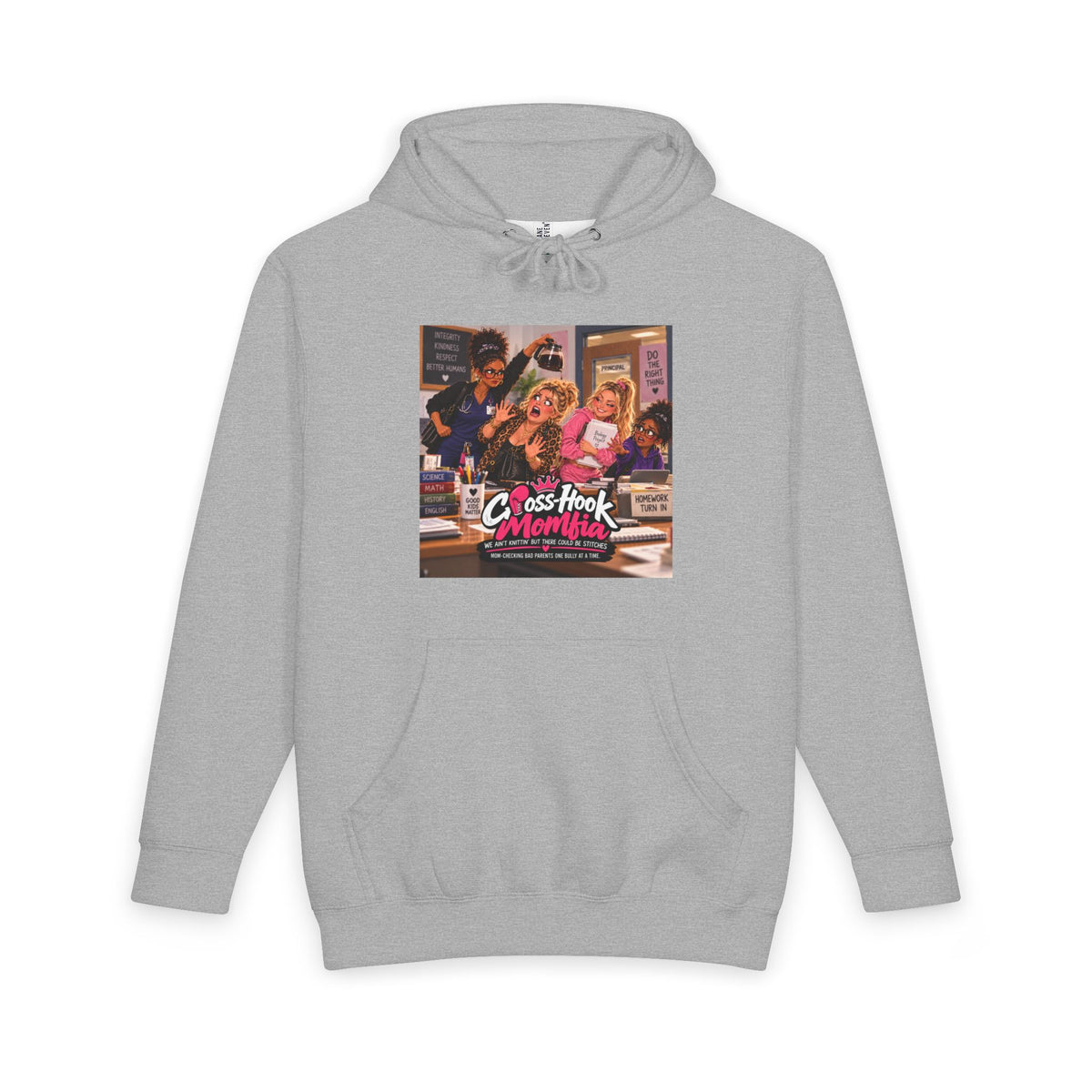 Heather gray hoodie with Cross-Hook Momfia anti-bully comic graphic