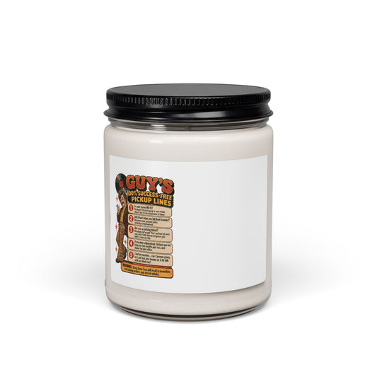 9oz soy candle with black lid and retro 'Guy's Pickup Lines' label