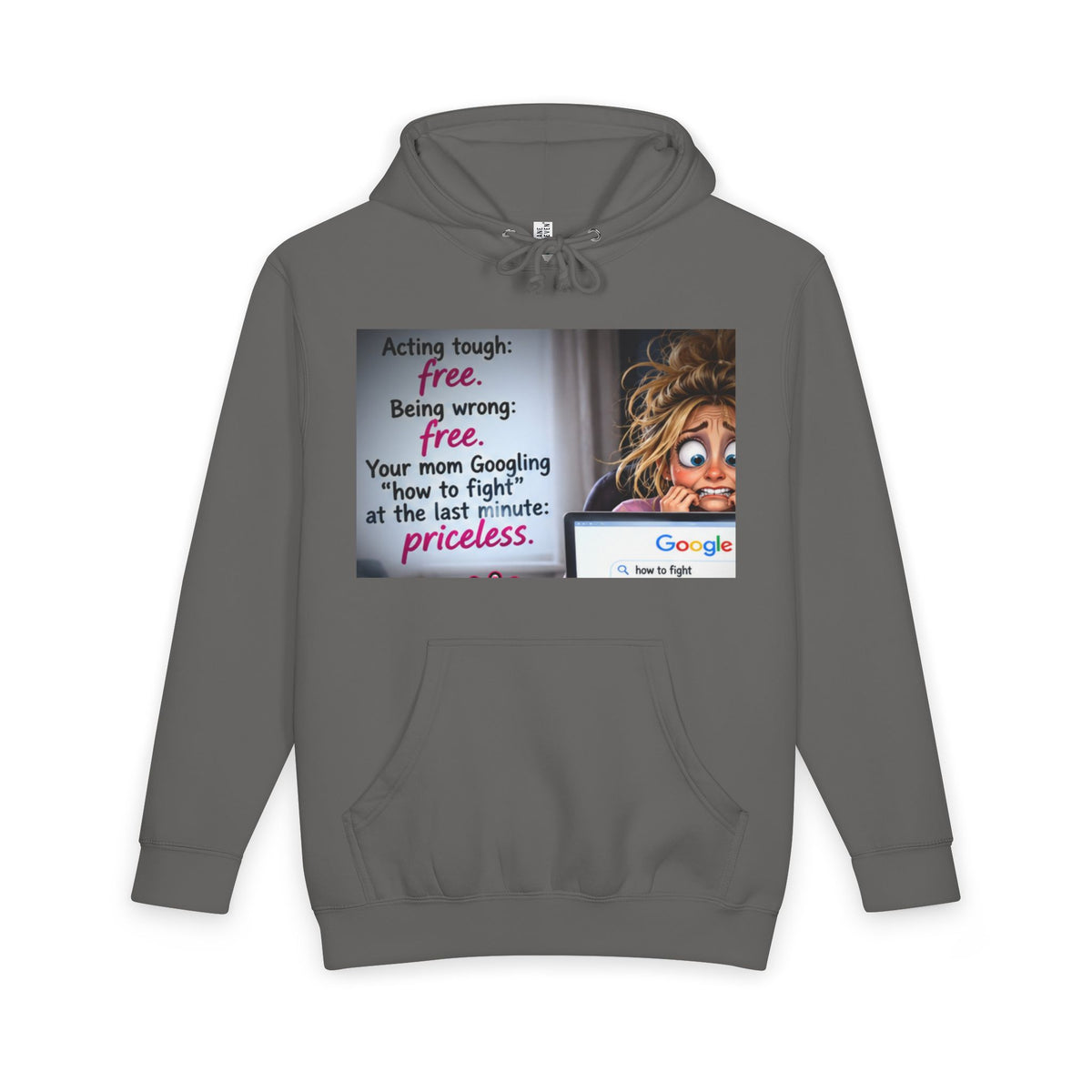 Charcoal gray hoodie with funny illustrated mom and quote on front