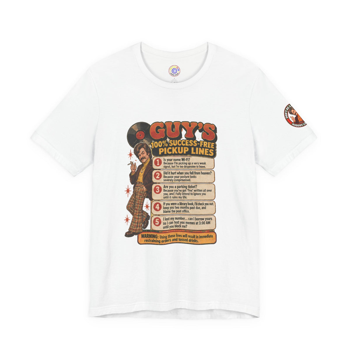 White t-shirt with retro 'Guy's 100% Success-Free Pickup Lines' print