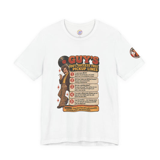 White t-shirt with retro 'Guy's 100% Success-Free Pickup Lines' print
