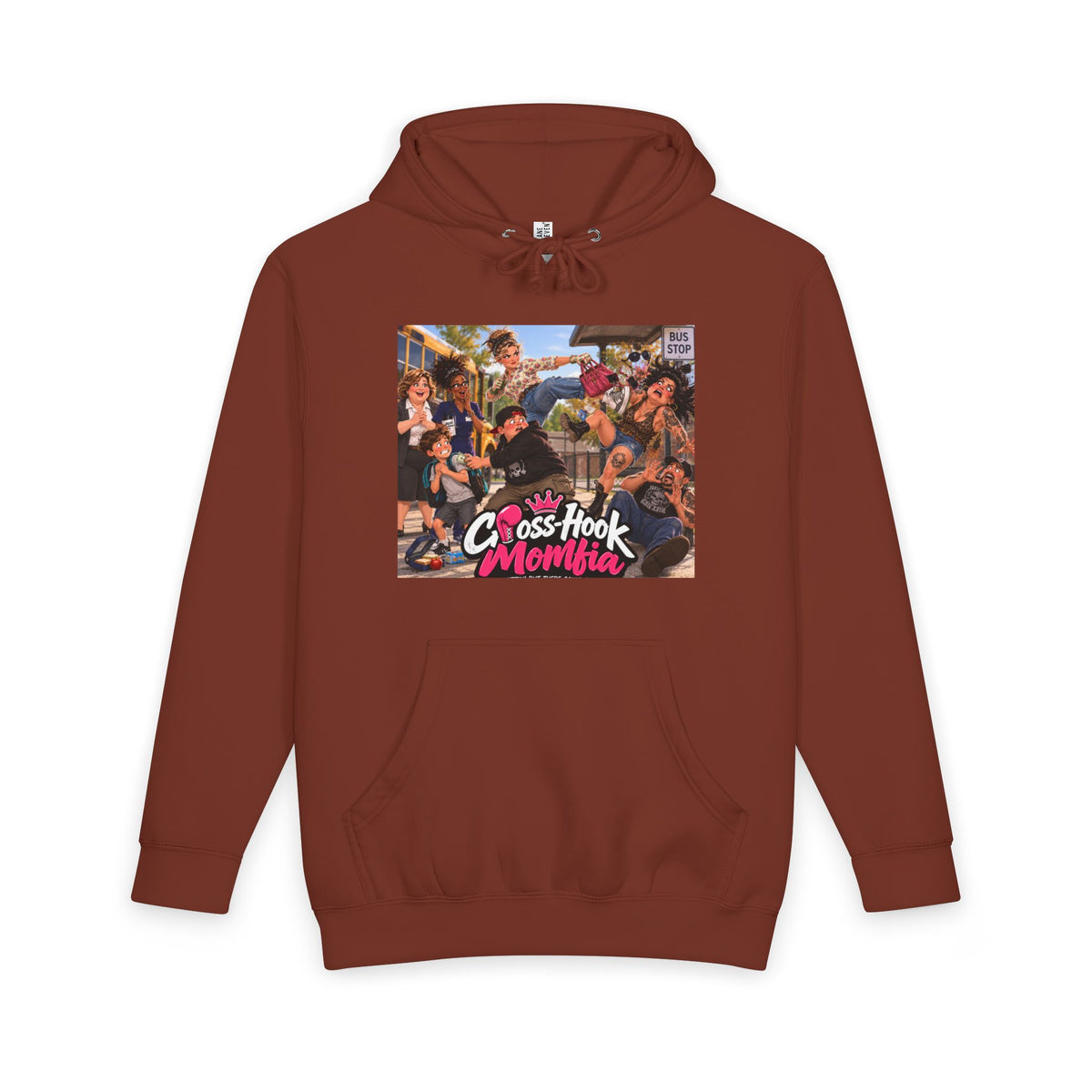 Brown hoodie with Cross-Hook Momfia cartoon anti-bullying graphic front
