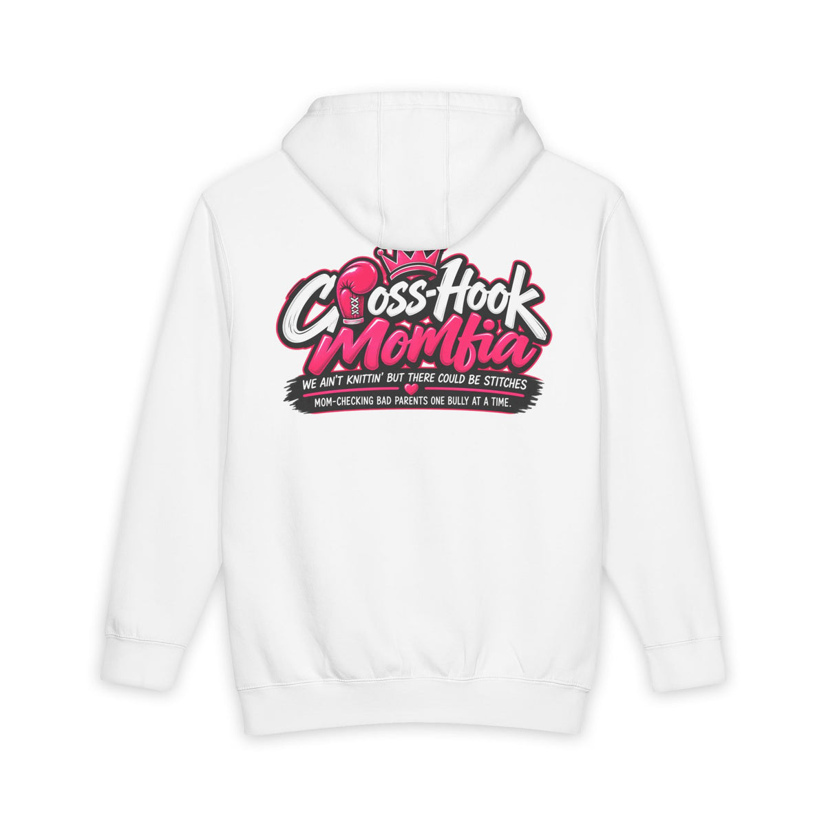 White hoodie back view with Cross-Hook Momfia logo and slogan