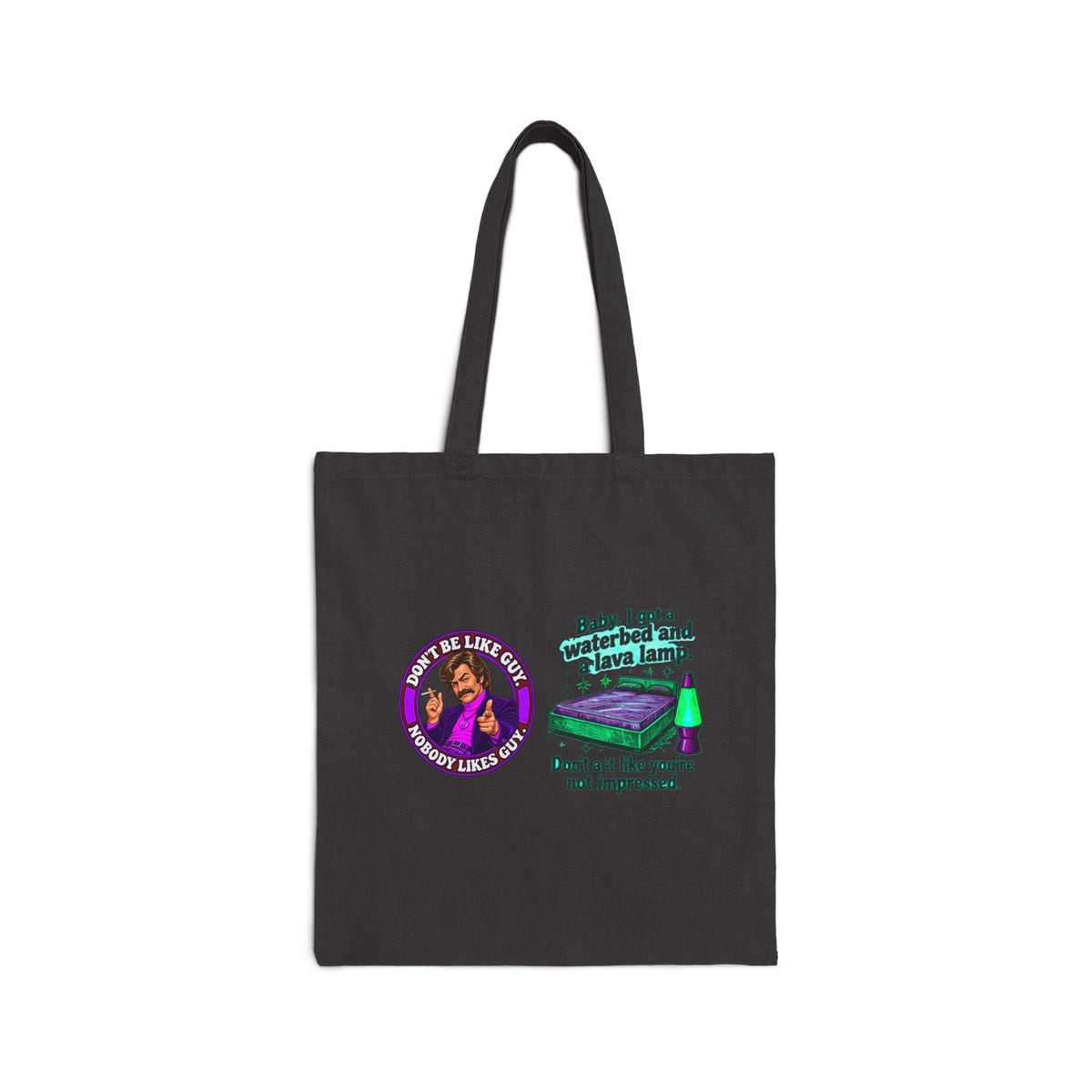 Black canvas tote bag with retro cat and lamp graphic, Don't act like you're not impressed quote