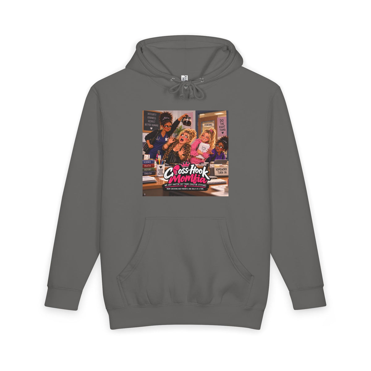 Charcoal gray hoodie with Cross-Hook Momfia comic illustration on front