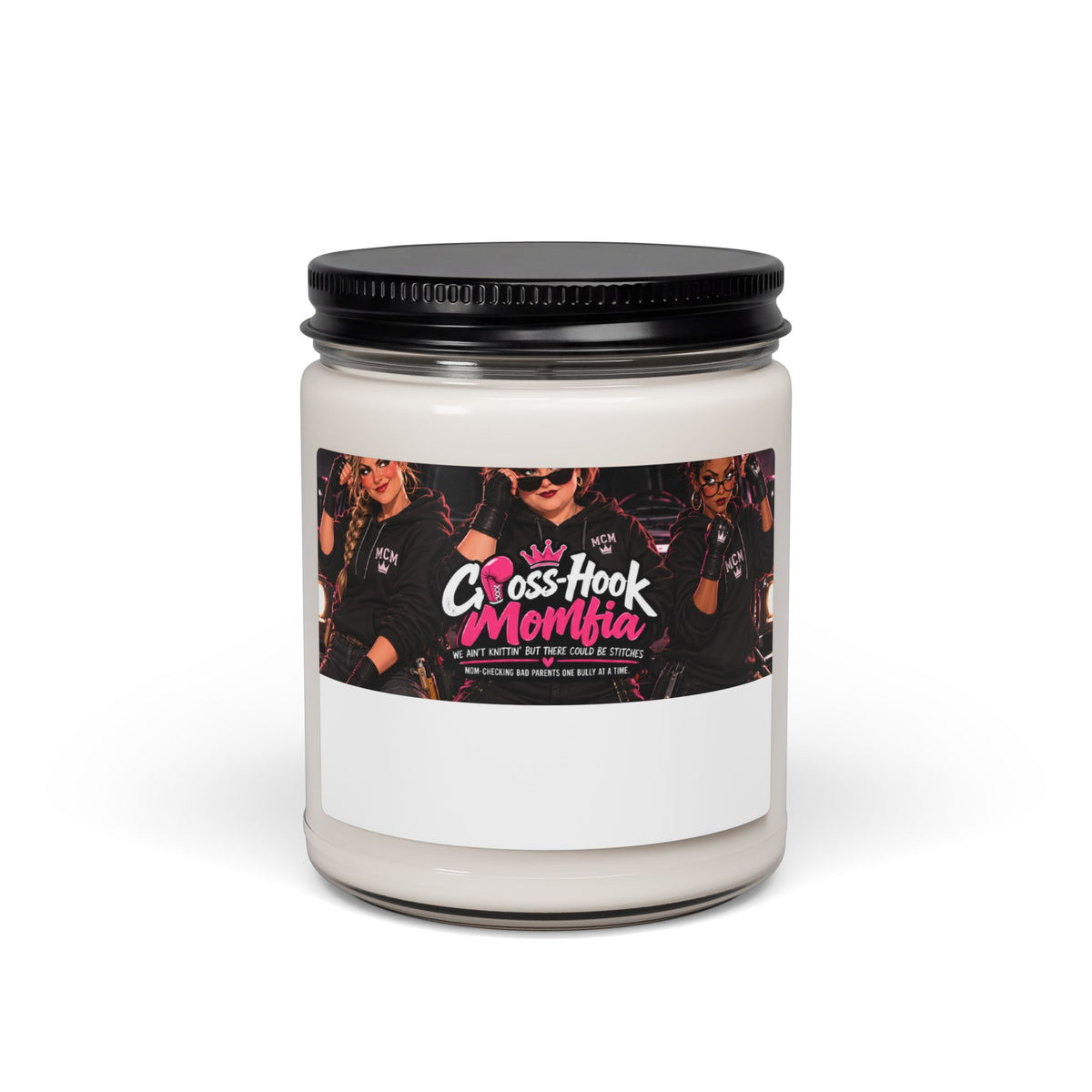 Front view of Cross-Hook Momfia 9oz soy candle jar
