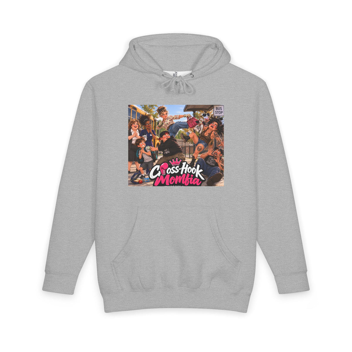 Gray hoodie with Cross-Hook Momfia cartoon anti-bullying graphic front