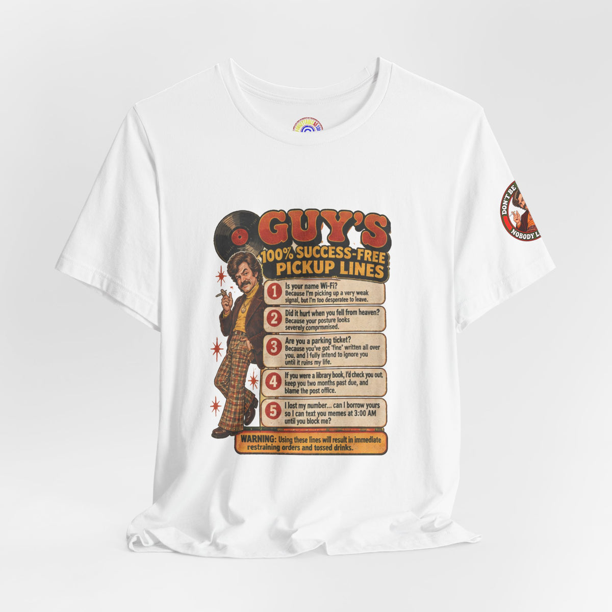 White t-shirt mockup with retro graphic and slogan on front