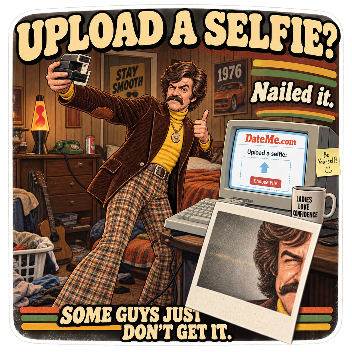 Retro 1970s style design featuring a mustachioed man taking a selfie in a vintage room with 'Upload a Selfie? Nailed it.' caption