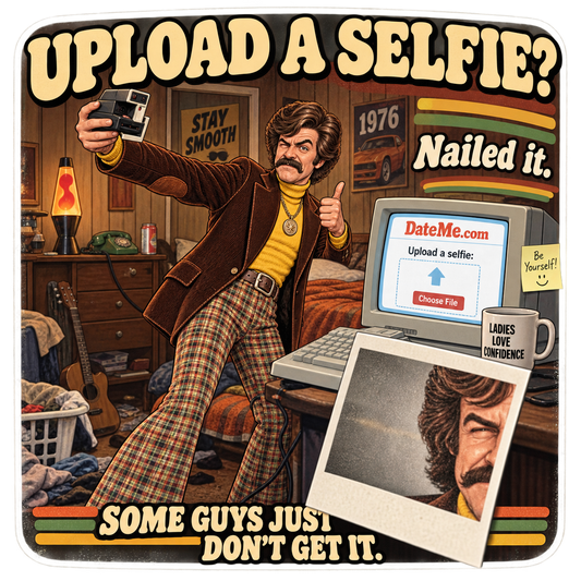 Retro 1970s style design featuring a mustachioed man taking a selfie in a vintage room with 'Upload a Selfie? Nailed it.' caption